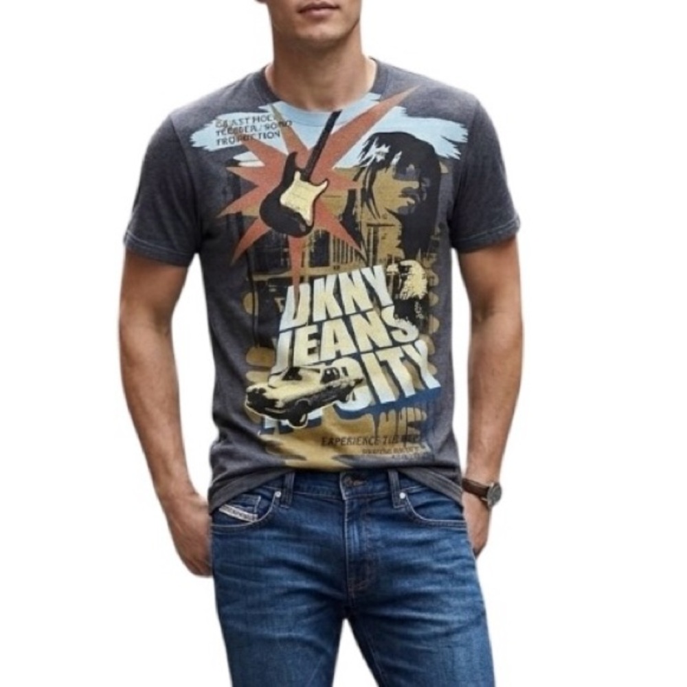 Retro DKNY Jeans SOHO Punk Rock Roll Graphic TShirt Mens S Gray Black Comic